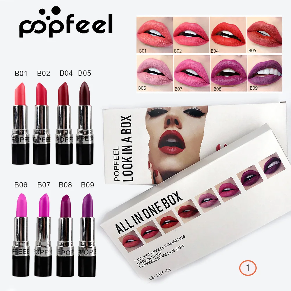

POPFEEL 8pcs/ Sets Matte Lipstick Vampire Style Makeup Purple Black red lipstick makeup waterproof lip stick cosmetic batom