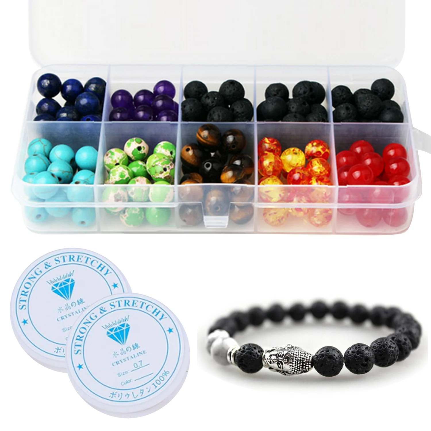 

200Pcs Colorful Chakra Beads Black Lava Rock Stone Loose Beads Set with 2 Roll Crystal String Toys for Kid DIY Bracelet Necklace