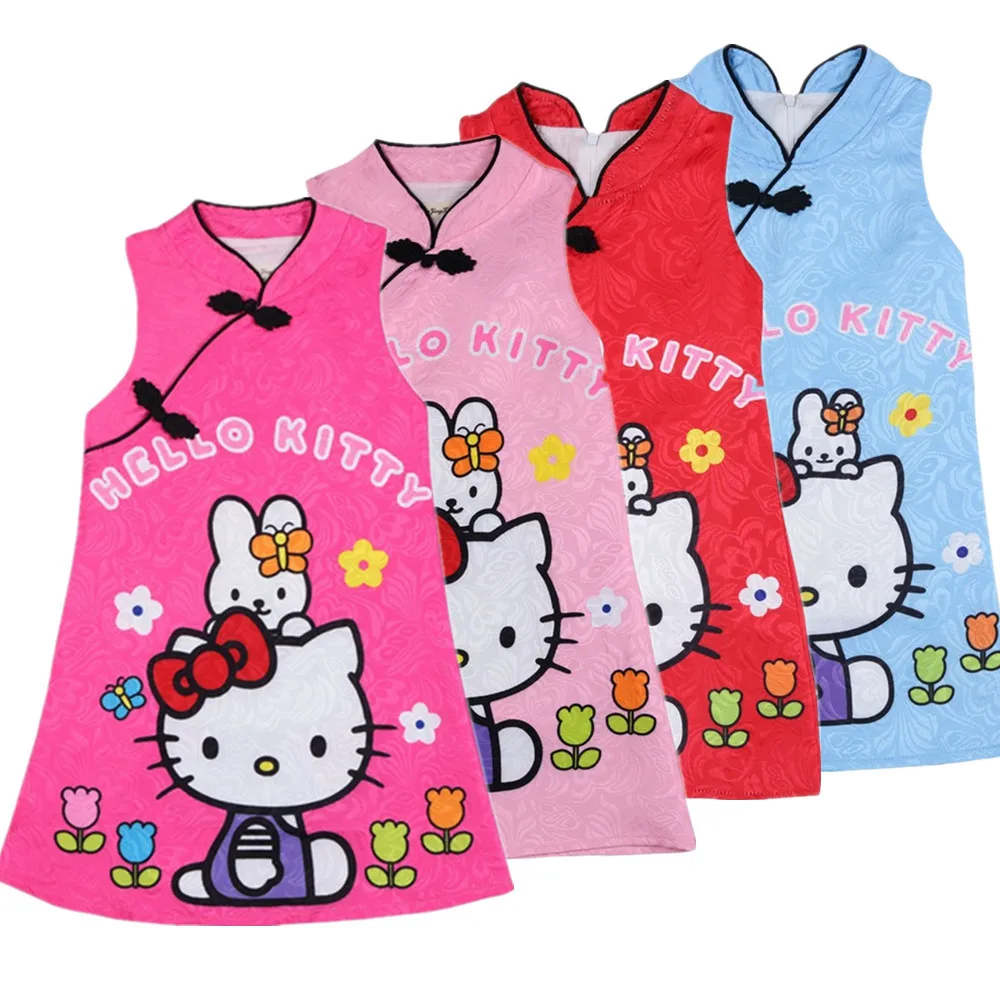 

New Prom Dresses 2018 Summer hello kitty Girls Dress Cheongsam Pattern Dresses 3-8Y Kids Clothes Princess Party Wedding Dress