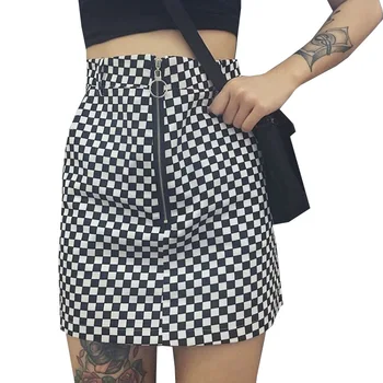 

New Casual Summer Women Japanese Style Zipper Ring A-line High Waist Mini Skirts Female Black White Plaid Skirts