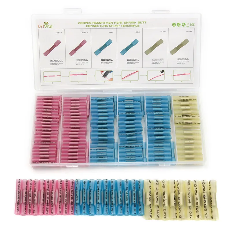 

200pcs Mixed Heat Shrink Solder Butt Connectors 22-10 AWG Insulated Electrical Wire Splice Cable Crimp Terminal Assortment Kit