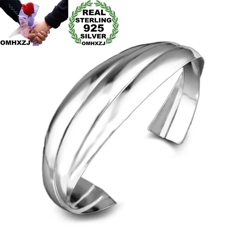 

OMHXZJ Wholesale Personality Fashion OL Woman Girl Gift Silver Geometric Open 925 Sterling Silver Cuff Bangle Bracelet BR187