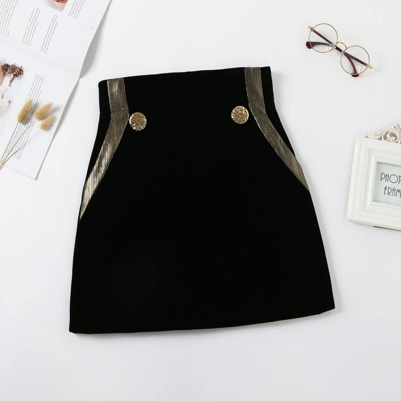 

2018 new retro wild high waist gold velvet A word skirt