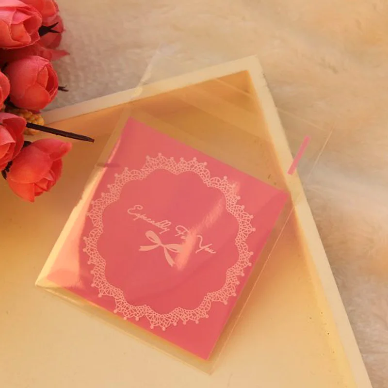 100 шт 4 цвета кружева и лук для бисквитного печенья сумки самоклеющиеся Свадебные целлофановые сумки торт конфеты подарочные сумки - Цвет: Hot pink 100pcs