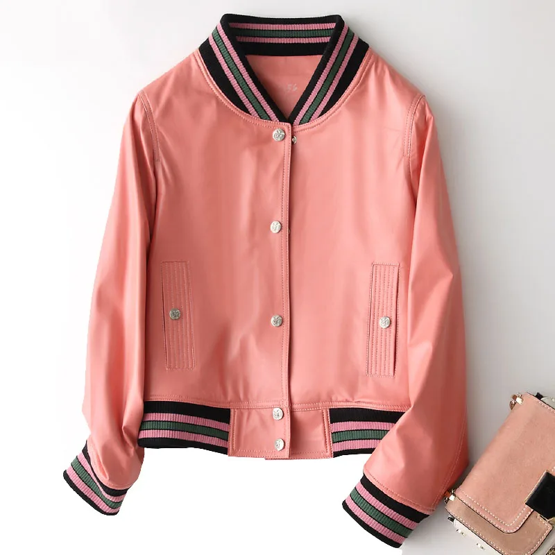 

Baseball style natural sheepskin leather jacket women single breasted real leather coat outerwear 2018 autumn winter