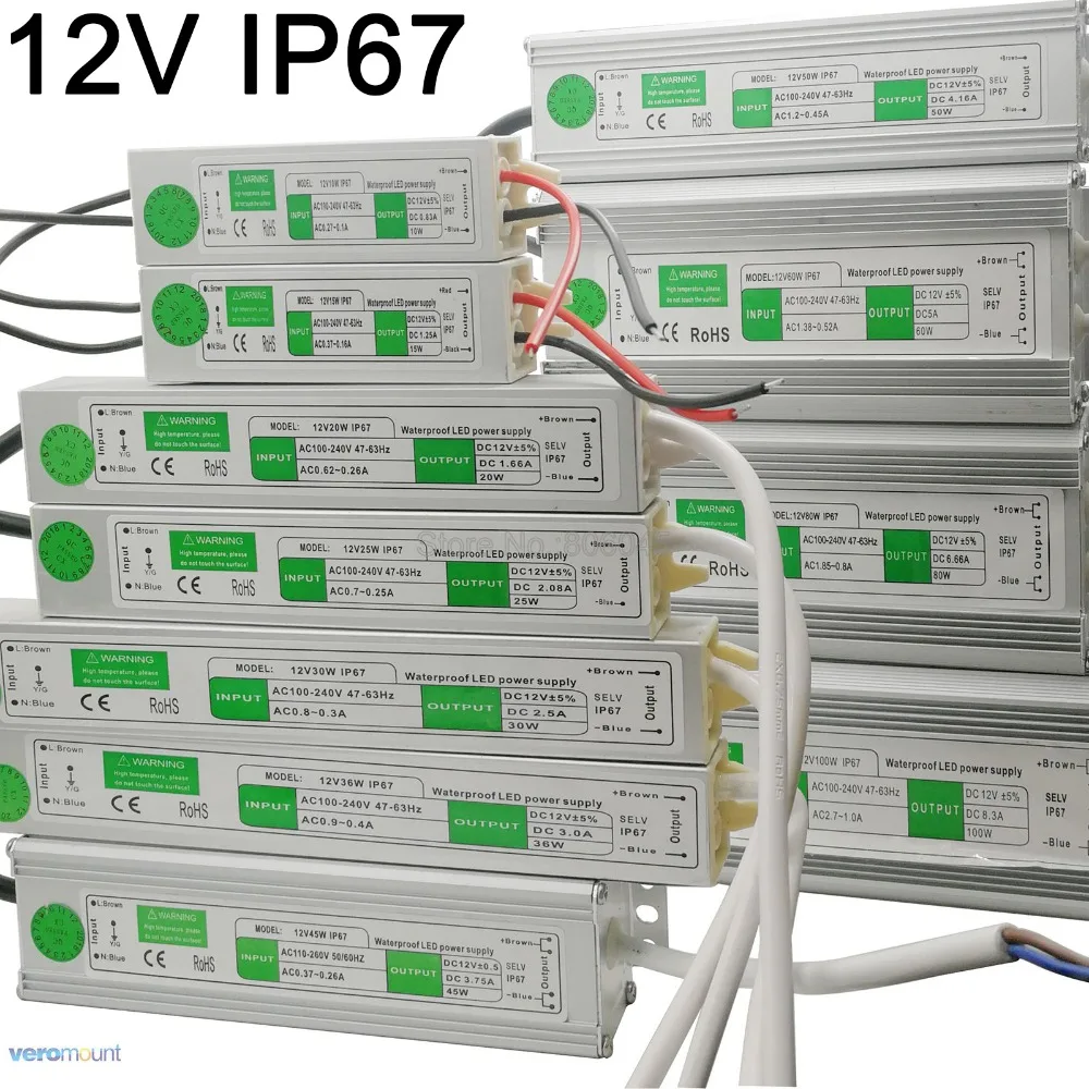 Водонепроницаемый IP67 Светодиодный драйвер переменного тока в постоянный 12 в 10 Вт 15 Вт 20 Вт 25 Вт 30 Вт 36 Вт 45 Вт 50 Вт 60 Вт 80 Вт 100 Вт 120 Вт 150 Вт источник питания для светодиодных лент светильник