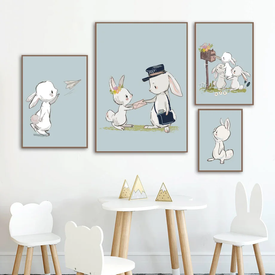 

Cartoon Rabbit Mouse Flower Wall Art Canvas Painting Nordic Posters And Prints Watercolor Animals Wall Pictures Kids Room Decor