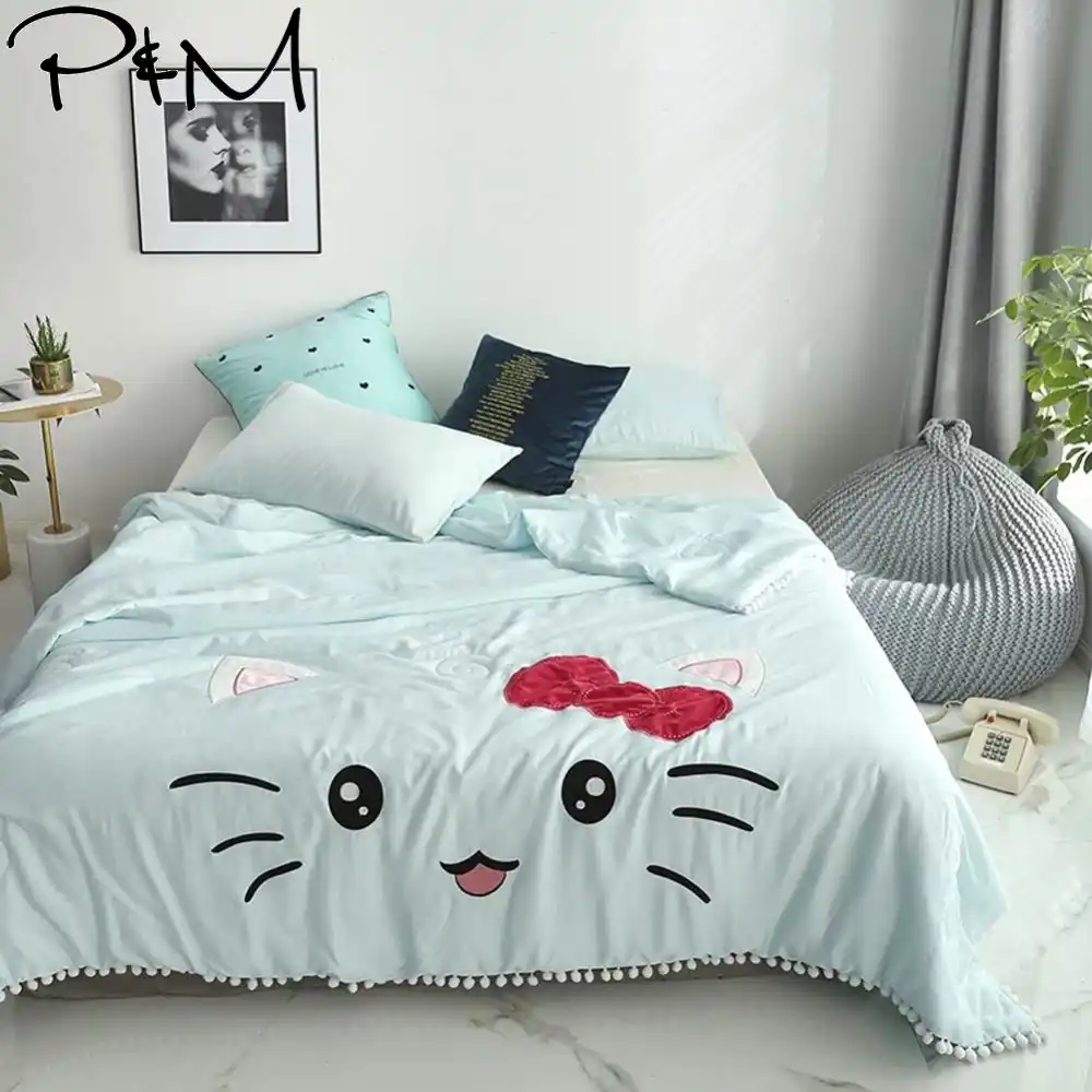 2019 Light Blue Cat Cartoon Air Condition Thin Summer Quilt