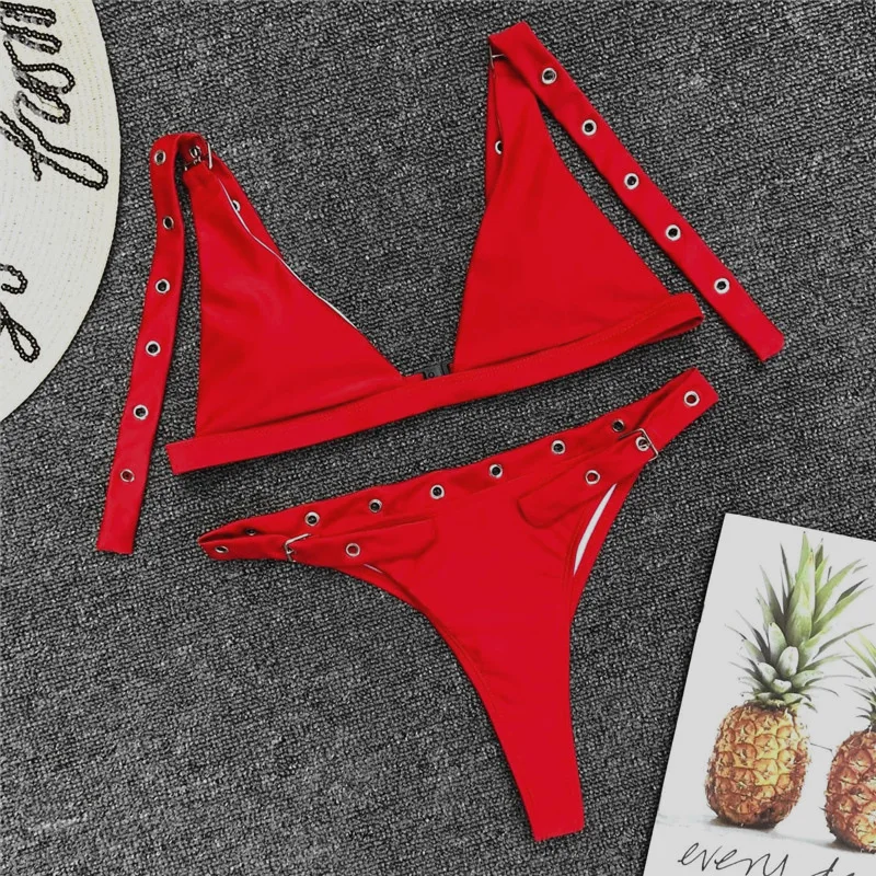 Летний Пляжный Купальник для женщин, регулируемый бикини Mujer, купальник с пуш-ап, сексуальный купальник с высокой талией, набор бикини, черный купальник - Цвет: red