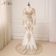 ADLN элегантные золотые вечерние платья с аппликацией и длинными рукавами в арабском стиле, вечерние платья с v-образным вырезом и шлейфом