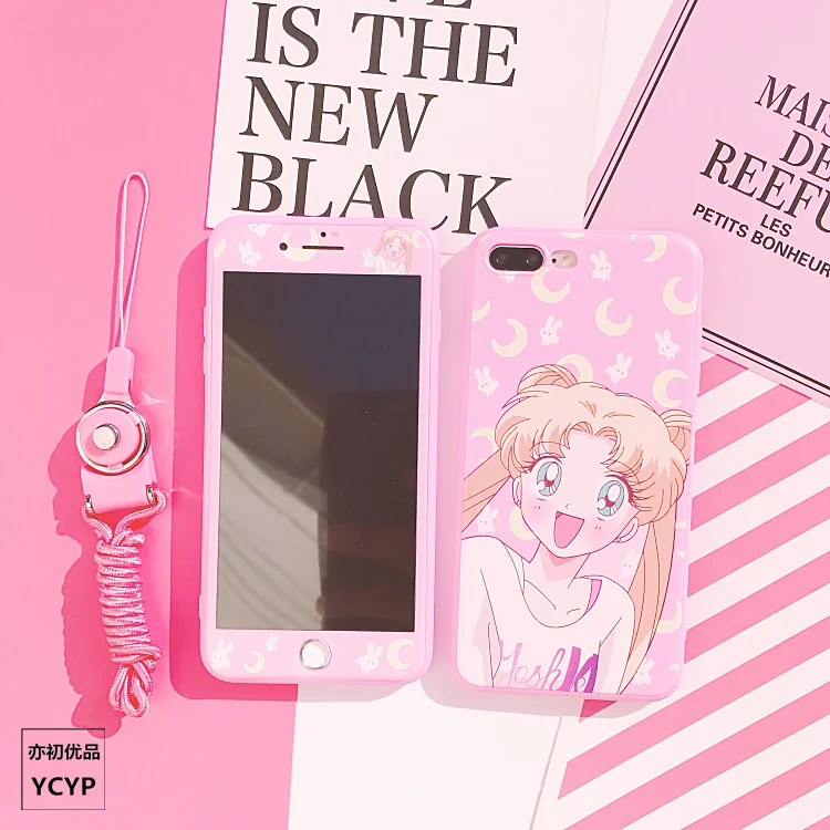 Cute Sailor Moon case for iPhone 8, soft silicone cover for iPhone X 7 6 6s plus, tempered glass screen protector +strap+sticker