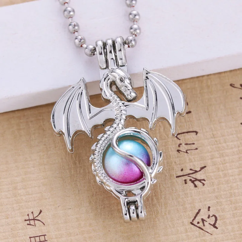 

6pcs Silver Plated Boho Dragon Design Trendy Necklace Jewelry Making Pearl Cage Locket Pendant Perfume Diffuser Fun Jewelry Gift