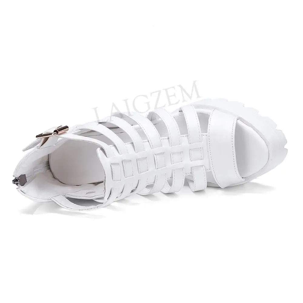LAIGZEM FASHION Women Sandals Chunky Heels Sandals Straps Back Zipper Faux Leather Ladies Shoes Summer Woman Big Size 33-45 (15)