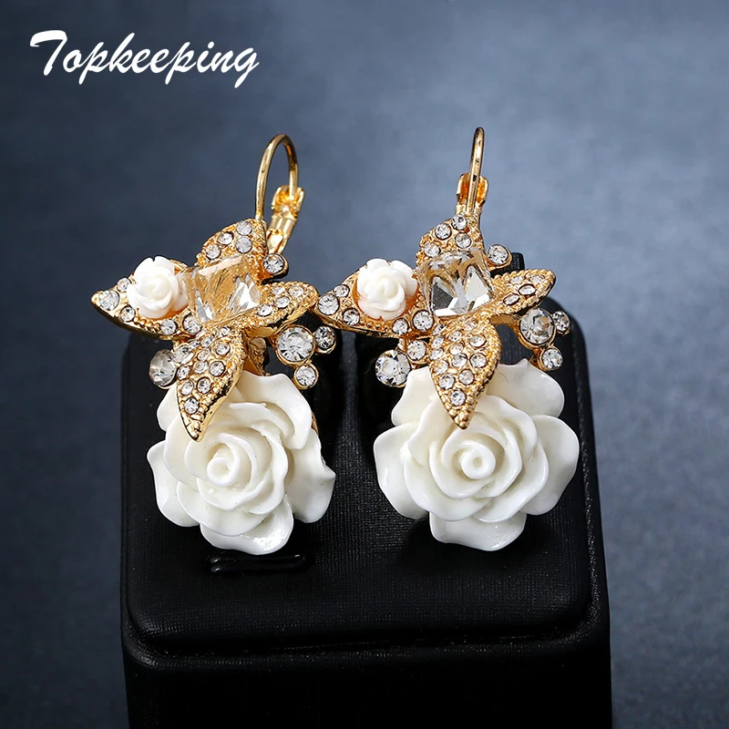 Wedding Romantic Fashion Jewelry Women Crystal Butterfly Resin Rose Flower Drop Earring Girls Boho Ethnic Bridal Dangle Earrings
