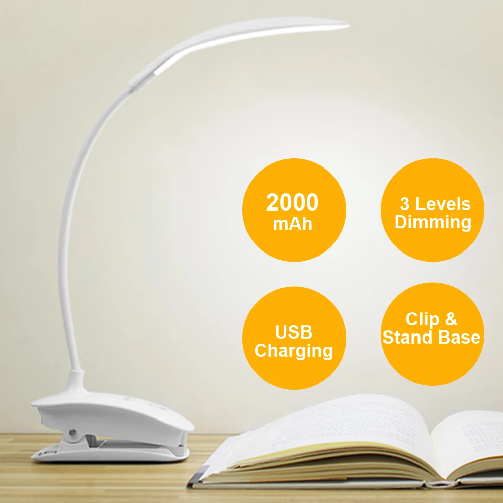  Table Lamp Rechargeable Dimmable LED Desk Lamp Clip on Bed Touch Switch Eye Protection Dimmer Offic