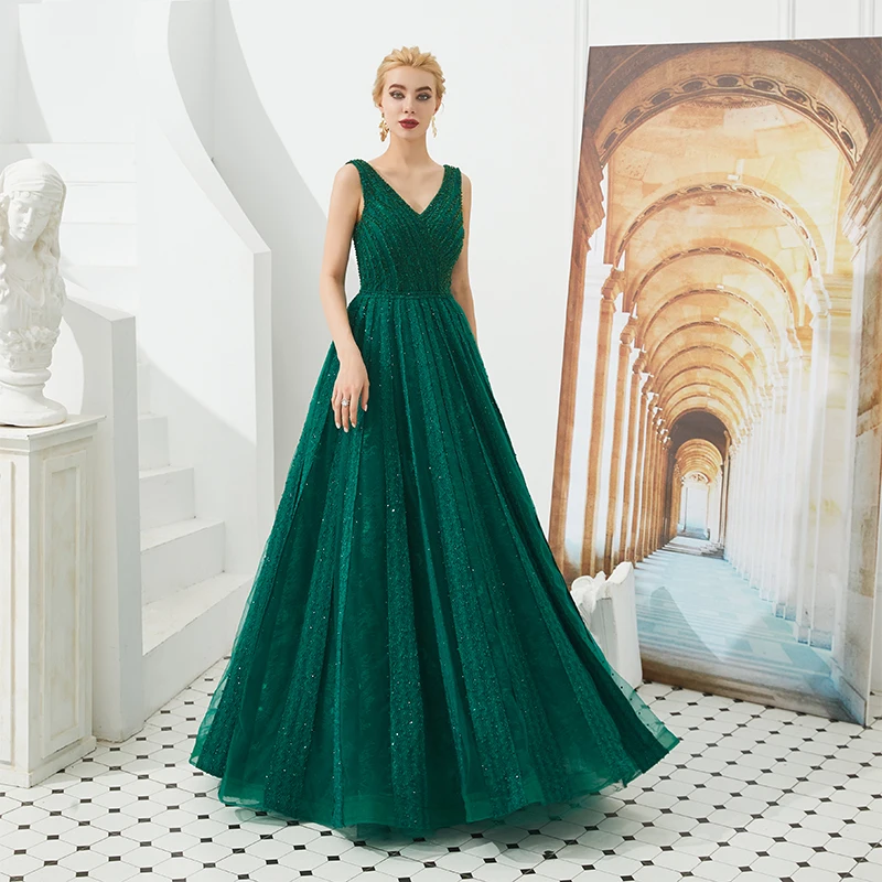 

Dark Green V-neck Long Prom Dresses Sleeveless Delicate Beading Floor Length Robes De Soiree Lace Up Back Robe De Bal Party Gown