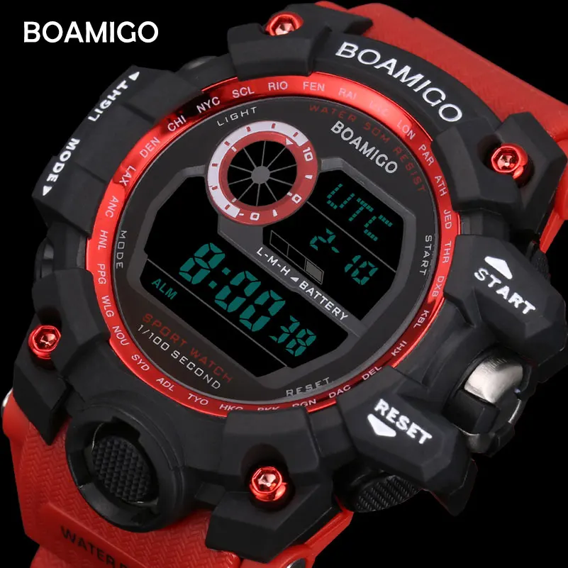 BOAMIGO brand UTC DST time raise to wake led light men digital sport red military watches 2