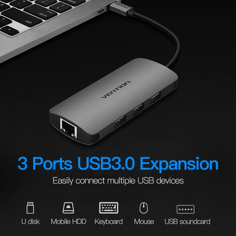 Vention USB C Ethernet адаптер usb-хаб 3 порта конвертер Тип C 3,0 USB к RJ45 Lan сетевая карта для Macbook USB Ethernet переключатель