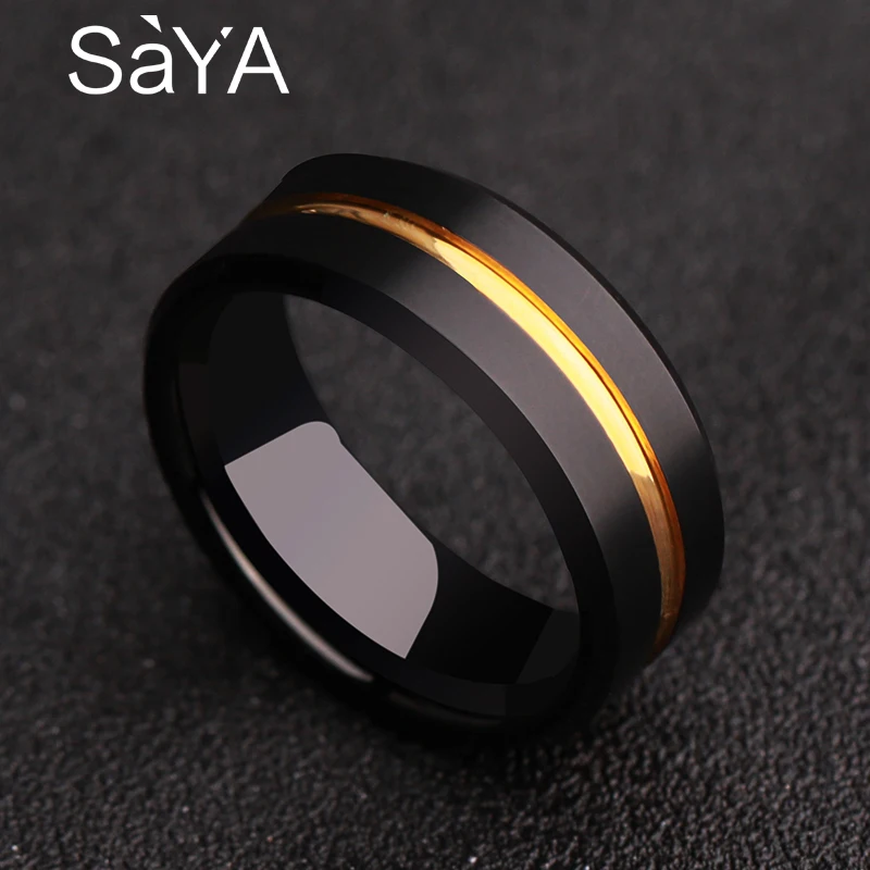 

2018 New Arrival Design 8mm Width Black Tungsten Wedding Rings for Man Grooving and Brushed Finishing Gold Plating Size 7-10