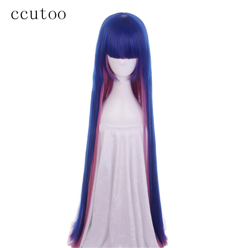 

ccutoo 120cm Stocking Blue Pink Mix Straight Flat Bangs Synthetic Hair Cosplay Wig Halloween Party Cos Wigs Heat Resistance