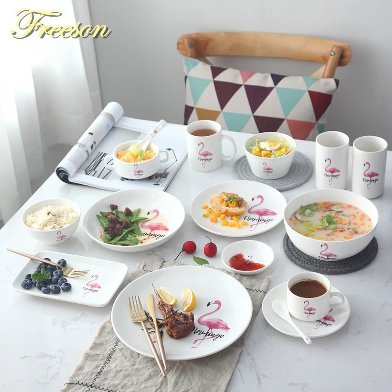 

Flamingo Porcelain Tableware Ceramic Salad Sugar Soup Rice Bowl Dessert Dish Plate Coffee Cup Saucer Mug Dinner Set Dinnerware