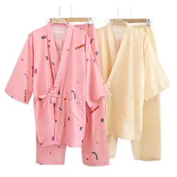 Весна 100% марля хлопок японские кимоно пижамы наборы женщины с длинными рукавами свежей рыбы мультфильм печати женские пижамы Халаты