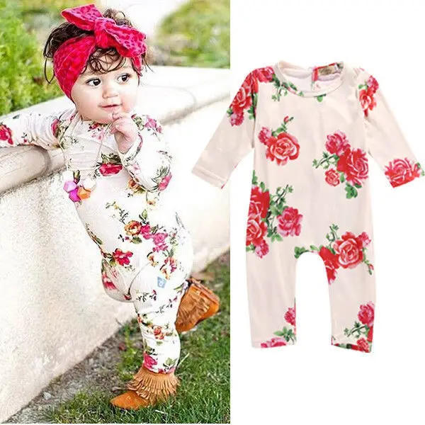 От 0 до 2 лет Одежда для новорожденных девочек комбинезон с длинными рукавами и цветочным принтом комплект одежды