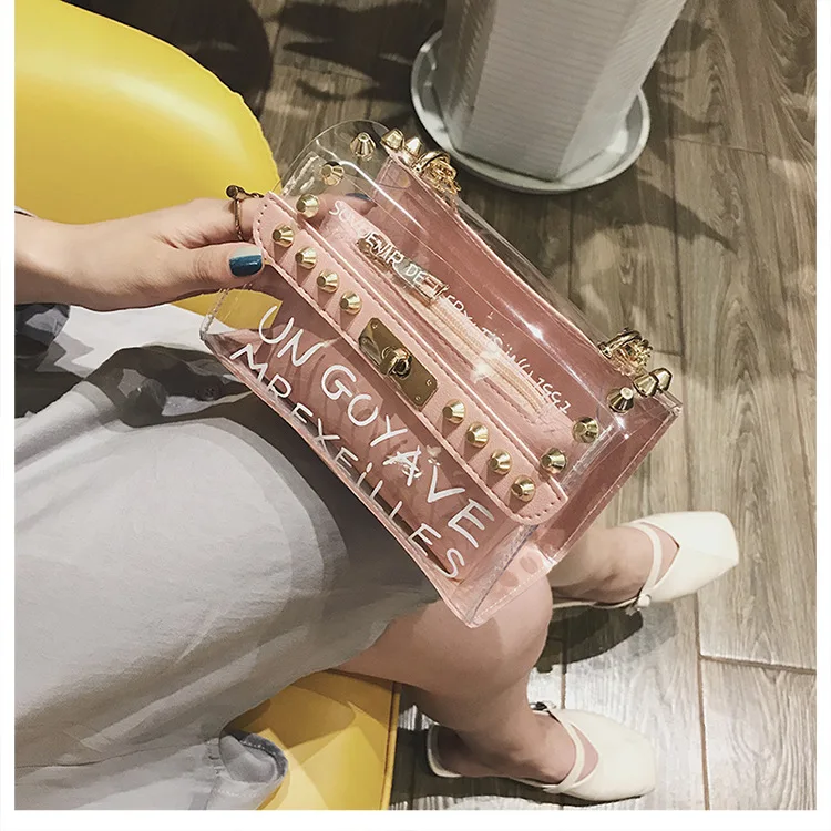 Womens Candy Color PVC Transparent Crossbody Bag 2pcs sets Rivets Letter Print Messenger Bags Fashion Girls Clear Chain Tote bag (11)