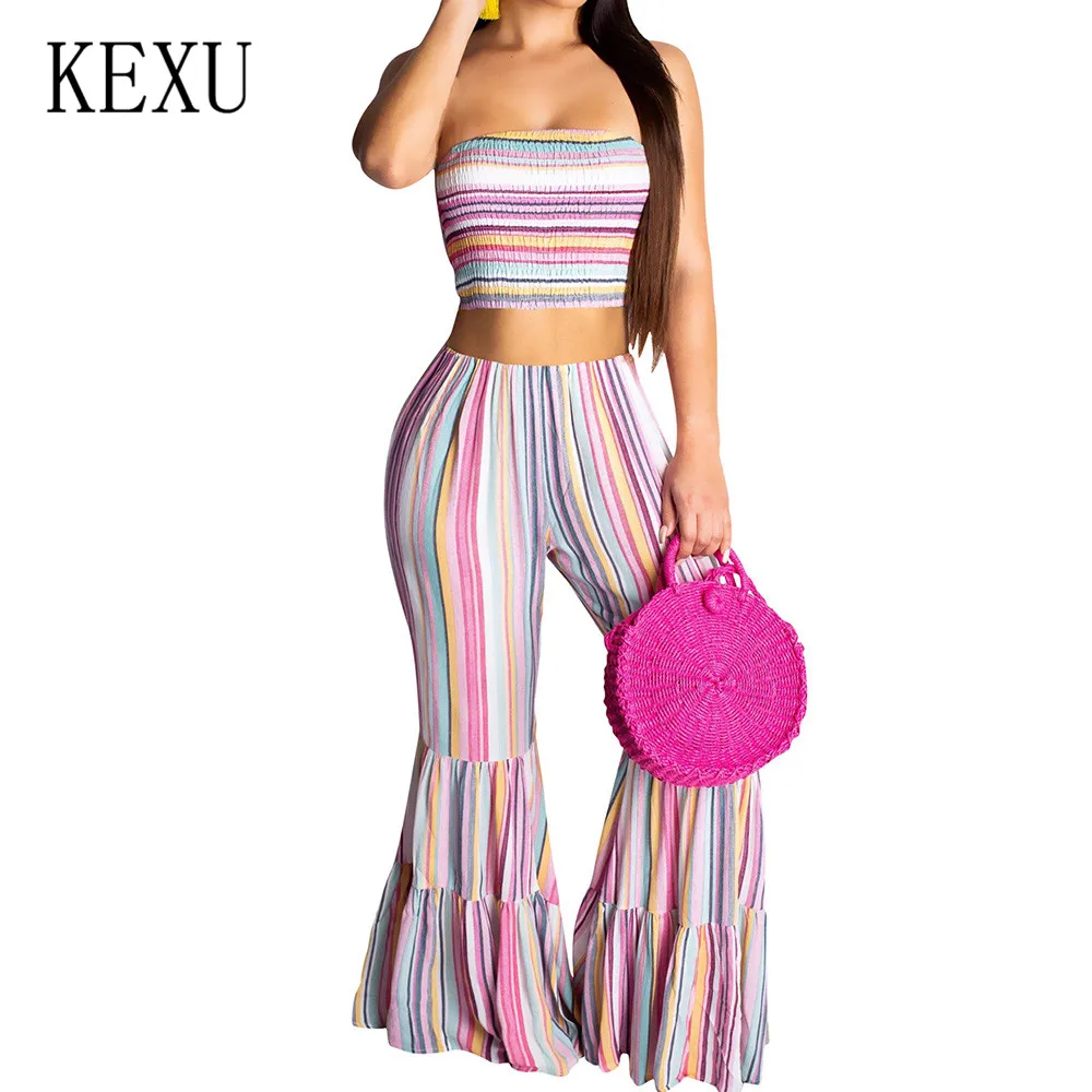 KEXU Women's Striped Print Tube Top To Play Flared Jumpsuits 2 Pieces Sets Sexy Off Shoulder Casual Playsuits Macacao Feminino
