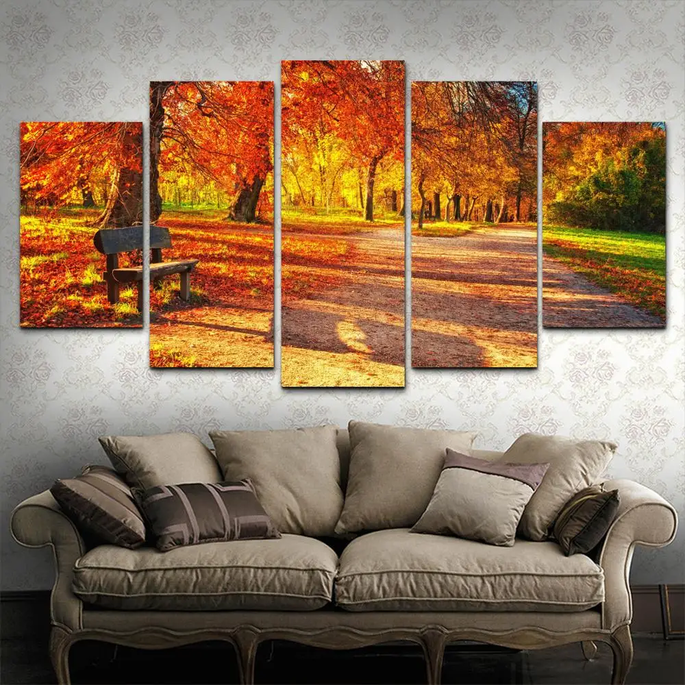HD холст печатных 5 шт. wall art парк осень bench домашнего декора Плакат изображение для