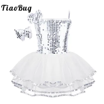 

TiaoBug Kids Girls Sequin Spaghetti Straps Ballet Tutu Mesh Dance Dress Set Children Stage Performance Modern Jazz Dance Costume