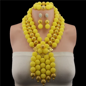 

Splendid Yellow Plated Gold Ball Crystal Costume Necklaces Nigerian Wedding African Beads Jewelry Sets