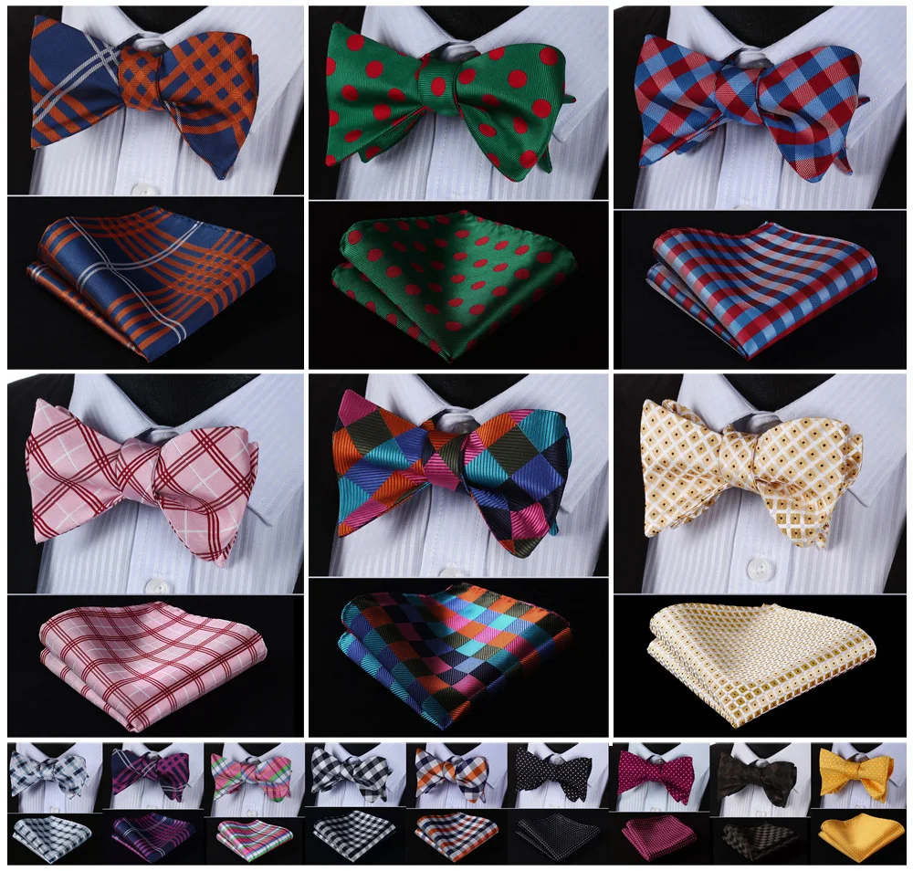 Проверьте 100% шелк жаккард Тканые Для мужчин Бабочка Самостоятельная галстук-бабочка бабочкой Карманный квадратный платок носовой платок