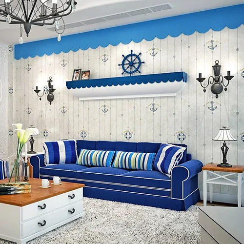 

Children Bedroom Wall Paper British Style Mediterranean Blue Vertical Stripes Non-woven Wallpaper Cartoon For Kids Room