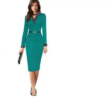 

Retro Vogue Style New Fashion Ms. Bodycon Dress V Neck Long Sleeve High Waist Solid Color Knee Pencil Dress Plue Size Vestidos