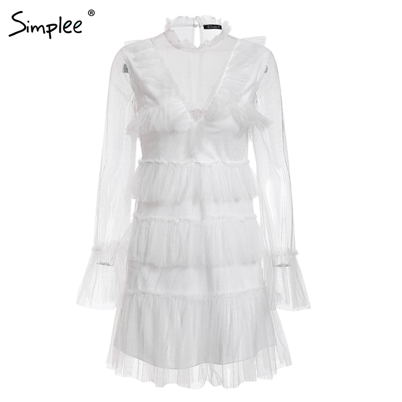 Женское сетчатое белое платье Simplee, в горошек, женское облегающее праздничное короткое платье с длинным рукавом и V-образным вырезом для лета