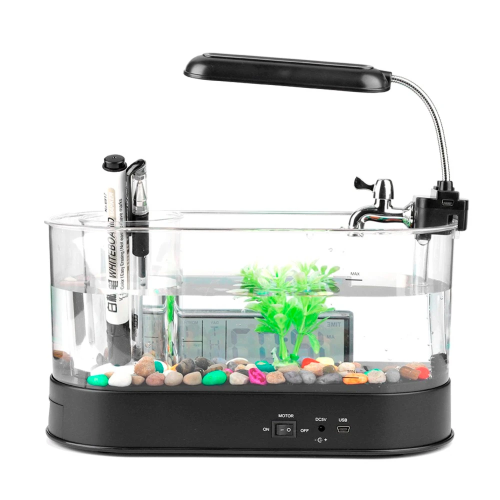 Mini Fish Tank Aquarium with Clock Multifunctional Function LED Light USB Rechargeable Fish Tank