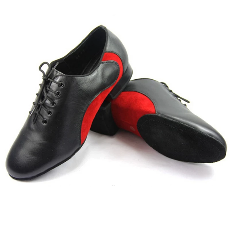 WUXIJIAO/Мужская обувь для латинских танцев; Обувь для бальных танцев из натуральной кожи на низком каблуке 2,2 см; большие размеры; вечерние туфли для танцев на квадратном каблуке - Цвет: red modern heel 25mm
