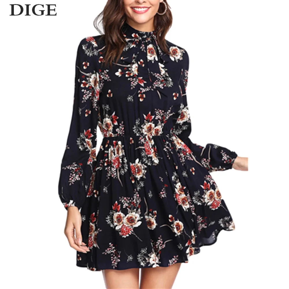 

2019 Women Dresses Multicolor Elegant Long Sleeve High Waist A Line Chic party Dress Ladies Tie Neck Dress befree clothes B0398