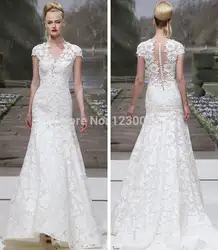 Casamento vestido de noiva 2018 Новый v-образным вырезом линии Длинные кружевное, с коротким рукавом свадебное платье Бесплатная доставка для матери