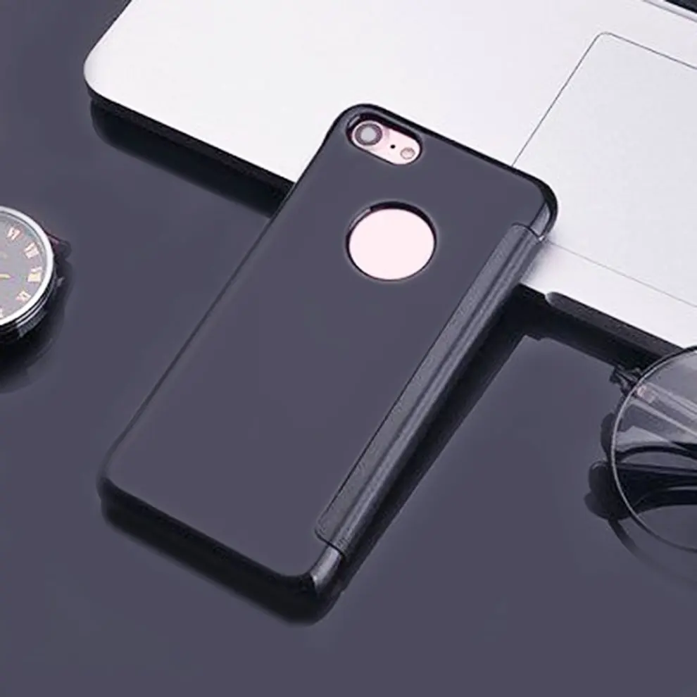 

10 PCS Window Mirror Surface Flip Type Hard Shell Black Mobile Phone Case Protective Cover Holder for iphone 7/8