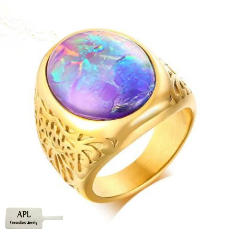 

APL-Golden Trend Jewelry Stainless Steel Opal Stone Casting Ring Strange Oil Painting Men's Fine Jewelry Ring