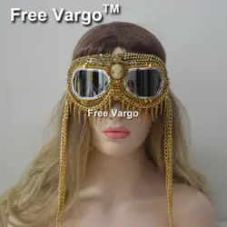 Голографическая золото горный хрусталь Rave Streampunk горящий человек, цепи Спайк костюм Cyber Goth очки Этап маска диджея для женщин