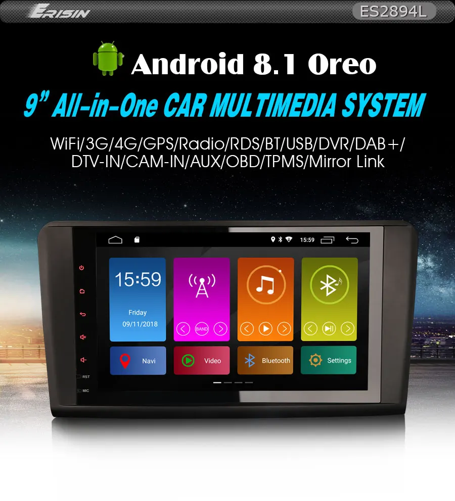 Top Erisin ES2894L 9" Car Multimedia Player Android 8.1 DAB+ DVR OBD GPS for Mercedes Benz ML/GL Klasse W164 X164 0