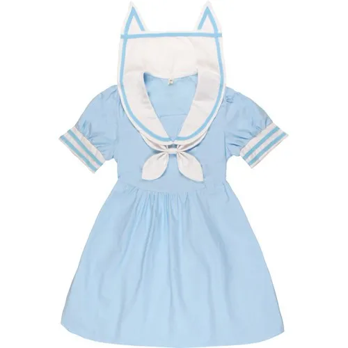 Kawaii/платье для девочек Lolita Sailor с морским воротником и кошачьими ушками; милое летнее платье с коротким рукавом в японском стиле; цельнокроеное платье