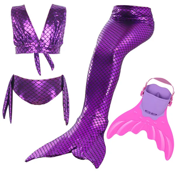 Детский купальник с хвостиками русалки, купальник бикини для девушек Косплей Русалка Флиппер, пляжная одежда купальный костюм и плавники для дайвинга - Цвет: Purple