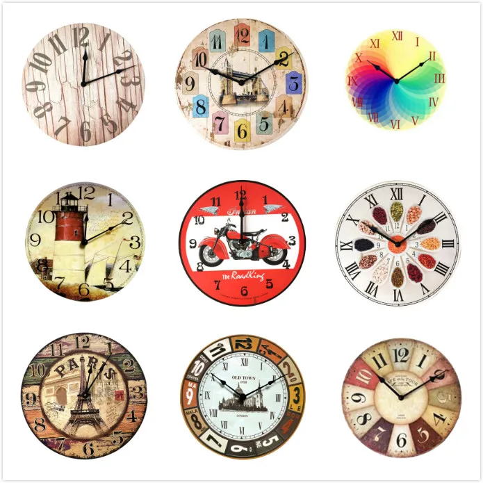 

Free Shipping Wooden Wall Clock Modern Design Vintage Rustic Shabby Chic Home Office Cafe Decoration Art Large Watch