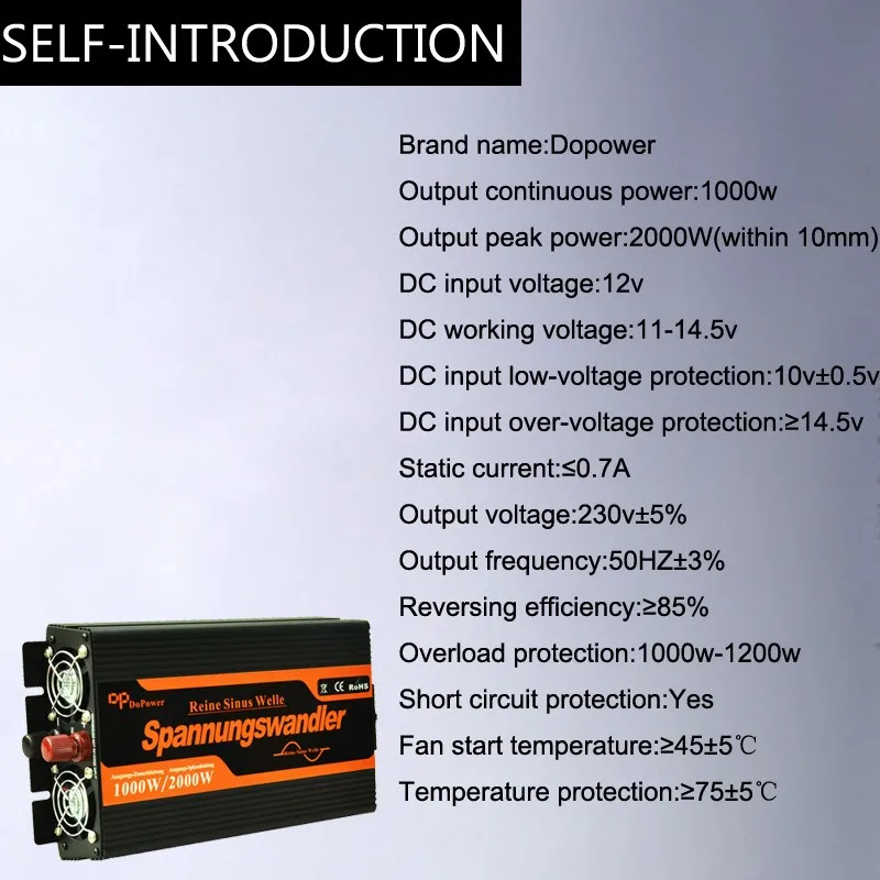 EDECOA DC 12V к переменному току 220V 1000 Вт пиковый 2000 Вт Чистая Синусоидальная волна инвертирующий усилитель мощности с пультом дистанционного управления и USB 5V 2.1A