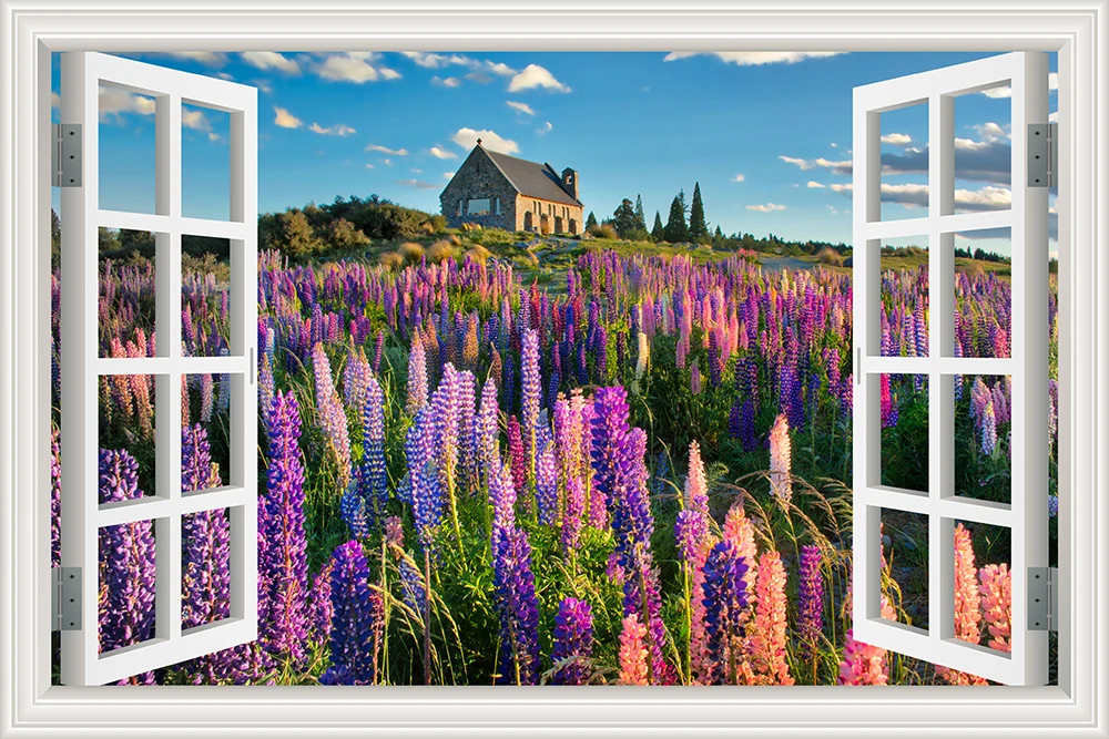 Фиолетовая Лавандовая наклейка с пейзажем, виниловые обои, 3D Наклейка на стену с видом окна, украшение для комнаты adesivo de parede - Цвет: 25