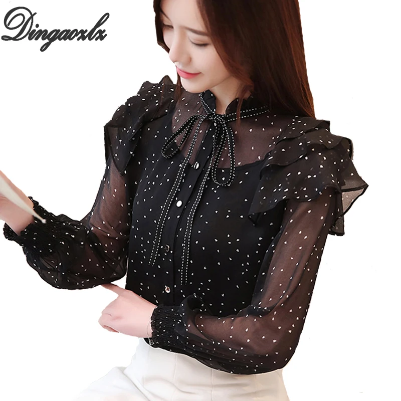 

Dingaozlz blusas femininas elegante Women clothing Spring 2019 Casual Chiffon shirt Fashion Bow tie Ruffles Printed blouse Tops
